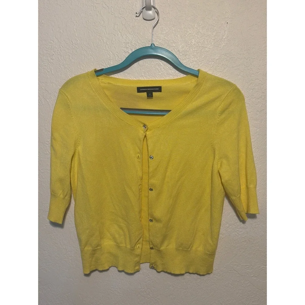 Express Design Studio Yellow Rhinestone Button V-Neck Cardigan Medium RN55285